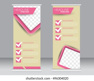 Roll up banner stand template. Abstract background for design,  business, education, advertisement.  Yellow and pink color. Vector  illustration.