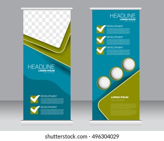 Roll up banner stand template. Abstract background for design,  business, education, advertisement. Green and blue color. Vector  illustration.