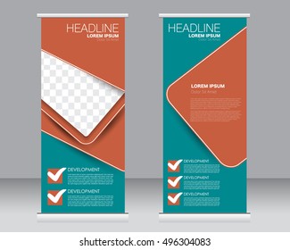 Roll up banner stand template. Abstract background for design,  business, education, advertisement. Green and red color. Vector  illustration.