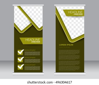 Roll up banner stand template. Abstract background for design,  business, education, advertisement.  Green color. Vector  illustration.