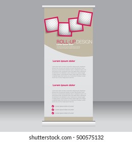 Roll up banner stand template. Abstract background for design,  business, education, advertisement. Pink color. Vector  illustration.
