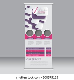 Roll up banner stand template. Abstract background for design,  business, education, advertisement. Pink and purple color. Vector  illustration.