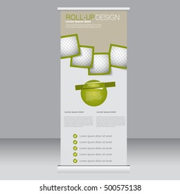 Roll up banner stand template. Abstract background for design,  business, education, advertisement. Green color. Vector  illustration.