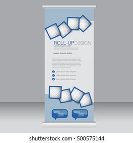 Roll up banner stand template. Abstract background for design,  business, education, advertisement. Blue color. Vector  illustration.