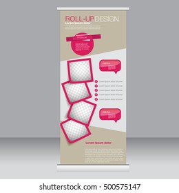 Roll up banner stand template. Abstract background for design,  business, education, advertisement. Pink color. Vector  illustration.