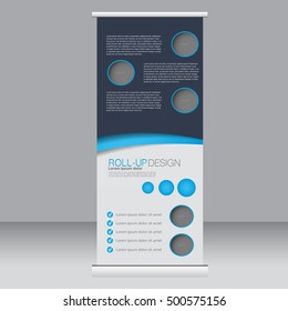 Roll up banner stand template. Abstract background for design,  business, education, advertisement. Blue color. Vector  illustration.