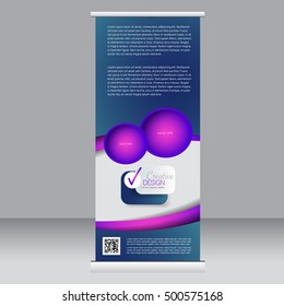 Roll up banner stand template. Abstract background for design,  business, education, advertisement. Pink and purple color. Vector  illustration.