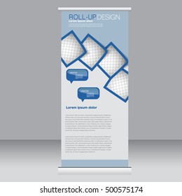 Roll Up Banner Stand Template. Abstract Background For Design,  Business, Education, Advertisement. Blue Color. Vector  Illustration.