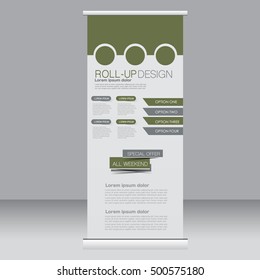 Roll up banner stand template. Abstract background for design,  business, education, advertisement. Green color. Vector  illustration.