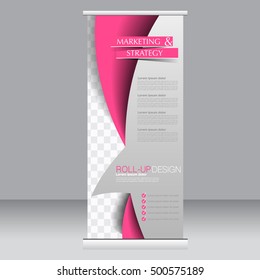 Roll up banner stand template. Abstract background for design,  business, education, advertisement. Pink color. Vector  illustration.