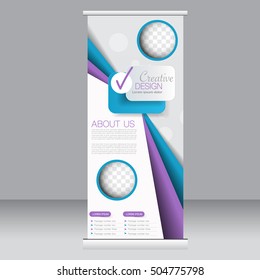 Roll up banner stand template. Abstract background for design,  business, education, advertisement. Blue and purple color. Vector  illustration