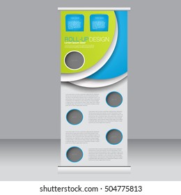 Roll up banner stand template. Abstract background for design,  business, education, advertisement. Green and blue color. Vector  illustration