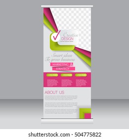 Roll up banner stand template. Abstract background for design,  business, education, advertisement. Green and pink color. Vector  illustration