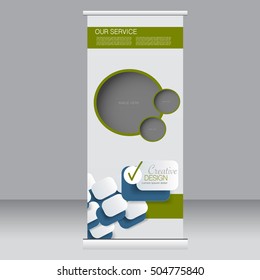 Roll up banner stand template. Abstract background for design,  business, education, advertisement. Green and blue color. Vector  illustration