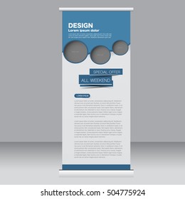 Roll up banner stand template. Abstract background for design,  business, education, advertisement. Blue color. Vector  illustration