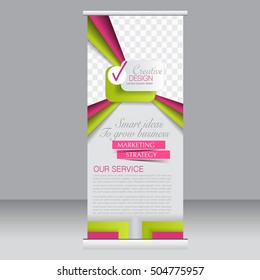 Roll up banner stand template. Abstract background for design,  business, education, advertisement. Green and pink color. Vector  illustration
