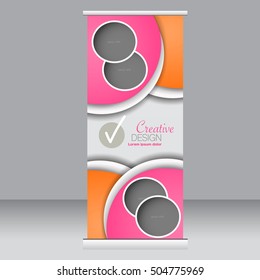 Roll up banner stand template. Abstract background for design,  business, education, advertisement. Pink and orange color. Vector  illustration