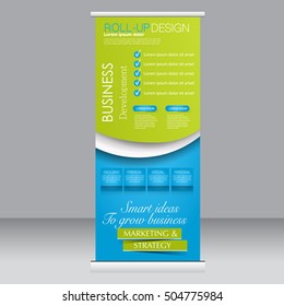 Roll up banner stand template. Abstract background for design,  business, education, advertisement. Green and blue color. Vector  illustration