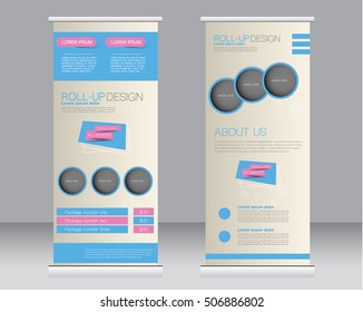 Roll up banner stand template. Abstract background for design,  business, education, advertisement.  Pink and blue color. Vector  illustration.