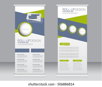 Roll up banner stand template. Abstract background for design,  business, education, advertisement.  Grey and green color. Vector  illustration.
