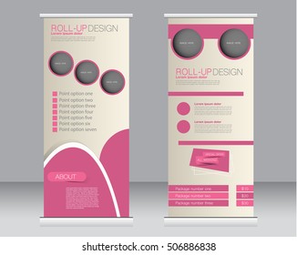 Roll up banner stand template. Abstract background for design,  business, education, advertisement.  Pink color. Vector  illustration.
