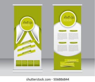 Roll up banner stand template. Abstract background for design,  business, education, advertisement.  Green color. Vector  illustration.