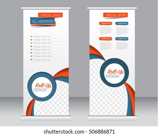 Roll up banner stand template. Abstract background for design,  business, education, advertisement.  Blue and orange color. Vector  illustration.