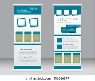 Roll up banner stand template. Abstract background for design,  business, education, advertisement.  Blue and green color. Vector  illustration.