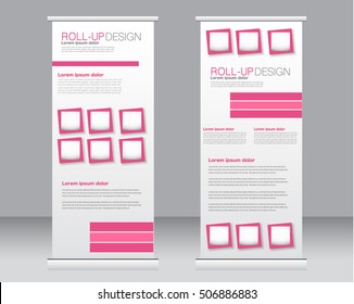 Roll up banner stand template. Abstract background for design,  business, education, advertisement.  Pink color. Vector  illustration.