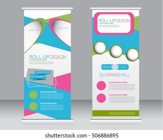 Roll up banner stand template. Abstract background for design,  business, education, advertisement.  Blue, pink, and green color. Vector  illustration.
