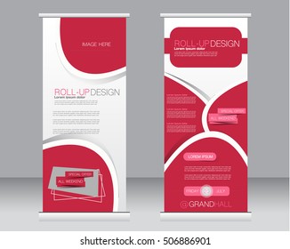 Roll up banner stand template. Abstract background for design,  business, education, advertisement.  Red color. Vector  illustration.