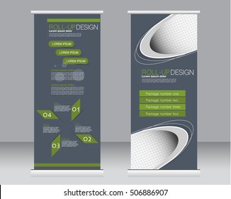 Roll up banner stand template. Abstract background for design,  business, education, advertisement.  Grey and green color. Vector  illustration.