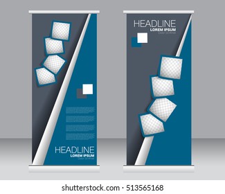 Roll up banner stand template. Abstract background for design,  business, education, advertisement.  Blue color. Vector  illustration