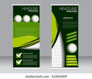 Roll up banner stand template. Abstract background for design,  business, education, advertisement.  Green color. Vector  illustration