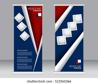 Roll up banner stand template. Abstract background for design,  business, education, advertisement.  Blue and red color. Vector  illustration