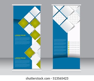 Roll up banner stand template. Abstract background for design,  business, education, advertisement.  Blue and green color. Vector  illustration