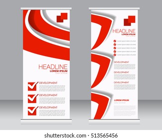 Roll up banner stand template. Abstract background for design,  business, education, advertisement.  Red color. Vector  illustration
