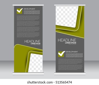 Roll up banner stand template. Abstract background for design,  business, education, advertisement.  Green and grey color. Vector  illustration