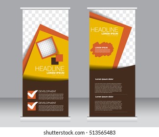Roll up banner stand template. Abstract background for design,  business, education, advertisement.  Brown and orange color. Vector  illustration