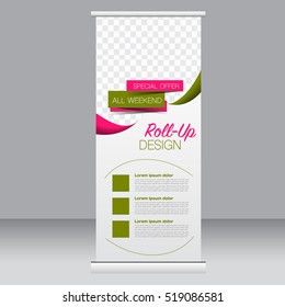 Roll up banner stand template. Abstract background for design,  business, education, advertisement. Vector  illustration. Pink and green color