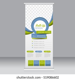 Roll up banner stand template. Abstract background for design,  business, education, advertisement. Vector  illustration. Blue and green color