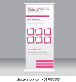 Roll up banner stand template. Abstract background for design,  business, education, advertisement. Vector  illustration. Pink color