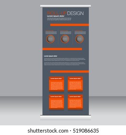 Roll up banner stand template. Abstract background for design,  business, education, advertisement. Vector  illustration. Orange and grey color