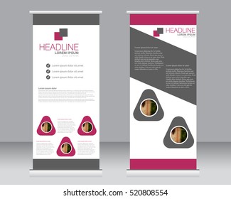 Roll up banner stand template. Abstract background for design,  business, education, advertisement.  Vector  illustration. Pink and grey color.