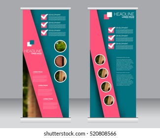 Roll up banner stand template. Abstract background for design,  business, education, advertisement.  Vector  illustration. Blue and pink color.