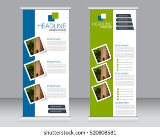 Roll up banner stand template. Abstract background for design,  business, education, advertisement.  Vector  illustration. Blue and green color.