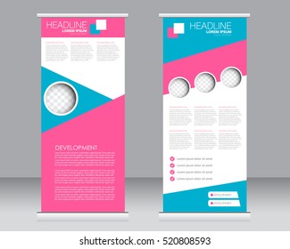 Roll up banner stand template. Abstract background for design,  business, education, advertisement.  Vector  illustration. Blue and pink color.