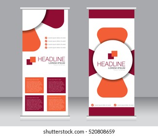 Roll up banner stand template. Abstract background for design,  business, education, advertisement.  Vector  illustration. Red and orange color.