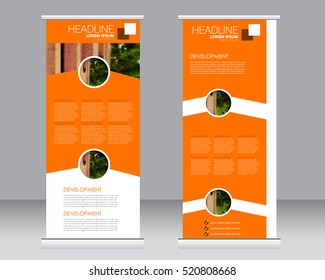 Roll up banner stand template. Abstract background for design,  business, education, advertisement.  Vector  illustration. Orange color.