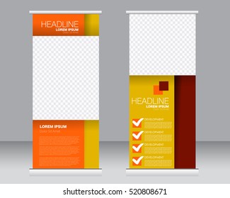 Roll up banner stand template. Abstract background for design,  business, education, advertisement.  Vector  illustration. Red and orange color.